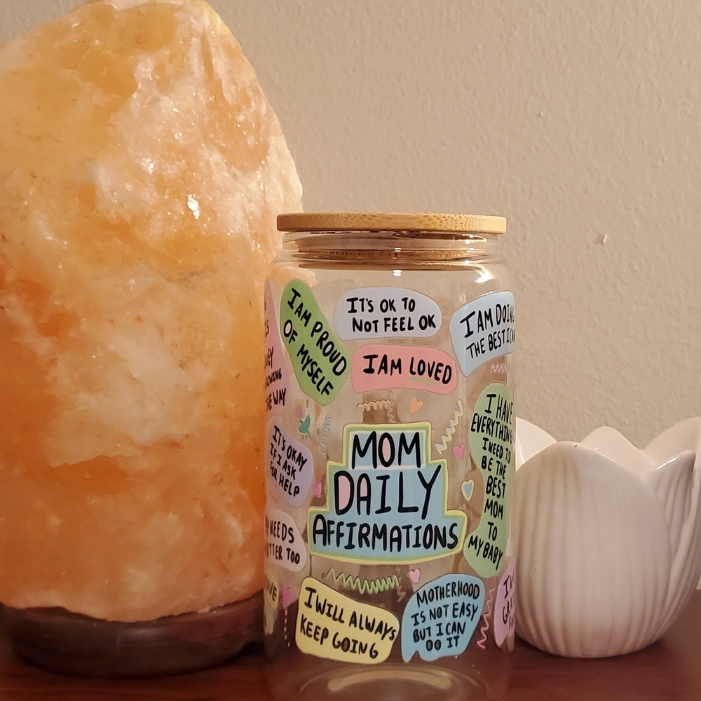 Mom Daily Affirmations Glass Tumbler Bamboo Lid Glass Straw
